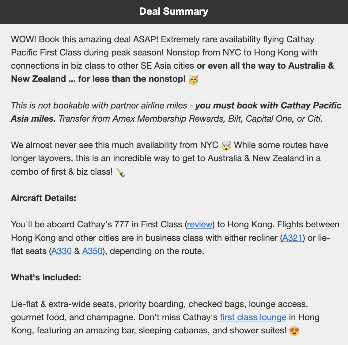 Cathay Pacific Business and FIrst Class combined deal. 